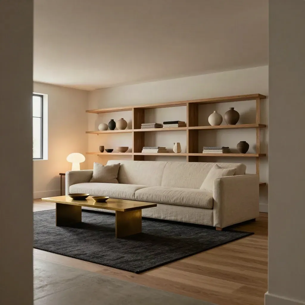 Finished basement family room with sofa, shelving and warm lamp light