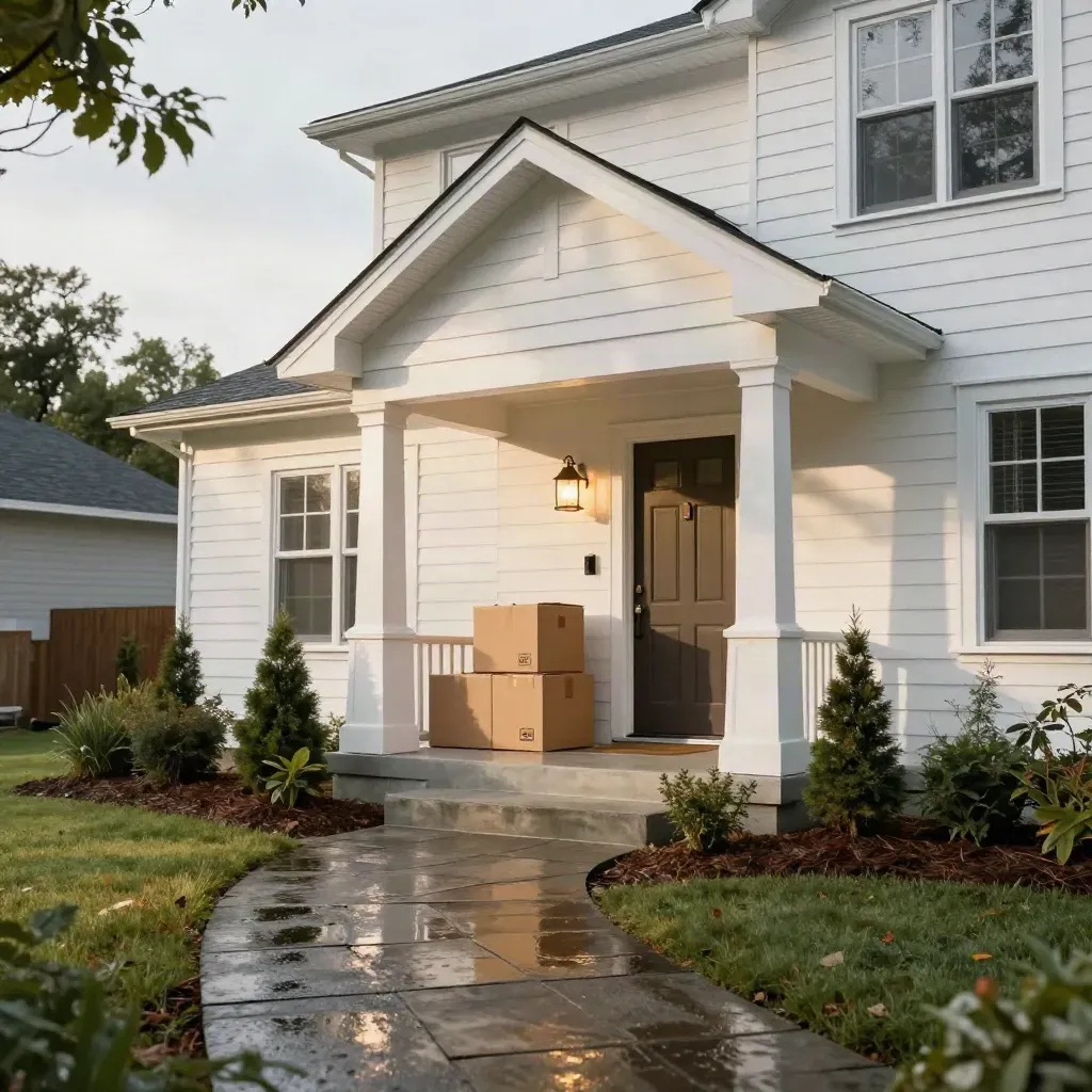 Starter home with moving boxes at the front step after rain, shot low from the walkway.