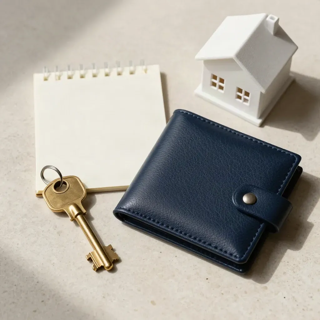 Brass key, navy file wallet, clipped notepad, and miniature home model on pale travertine.