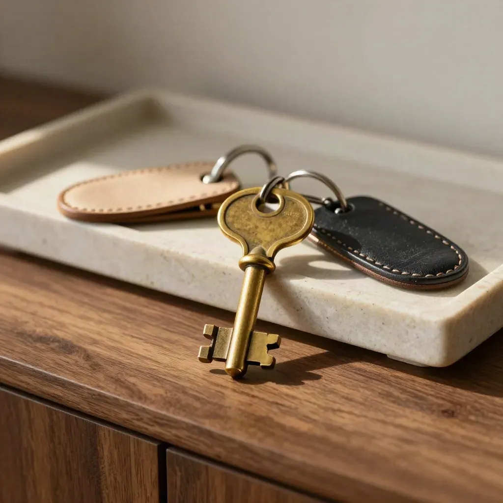 Brass key and leather fobs on a stone tray, lit by warm sun on a walnut credenza.