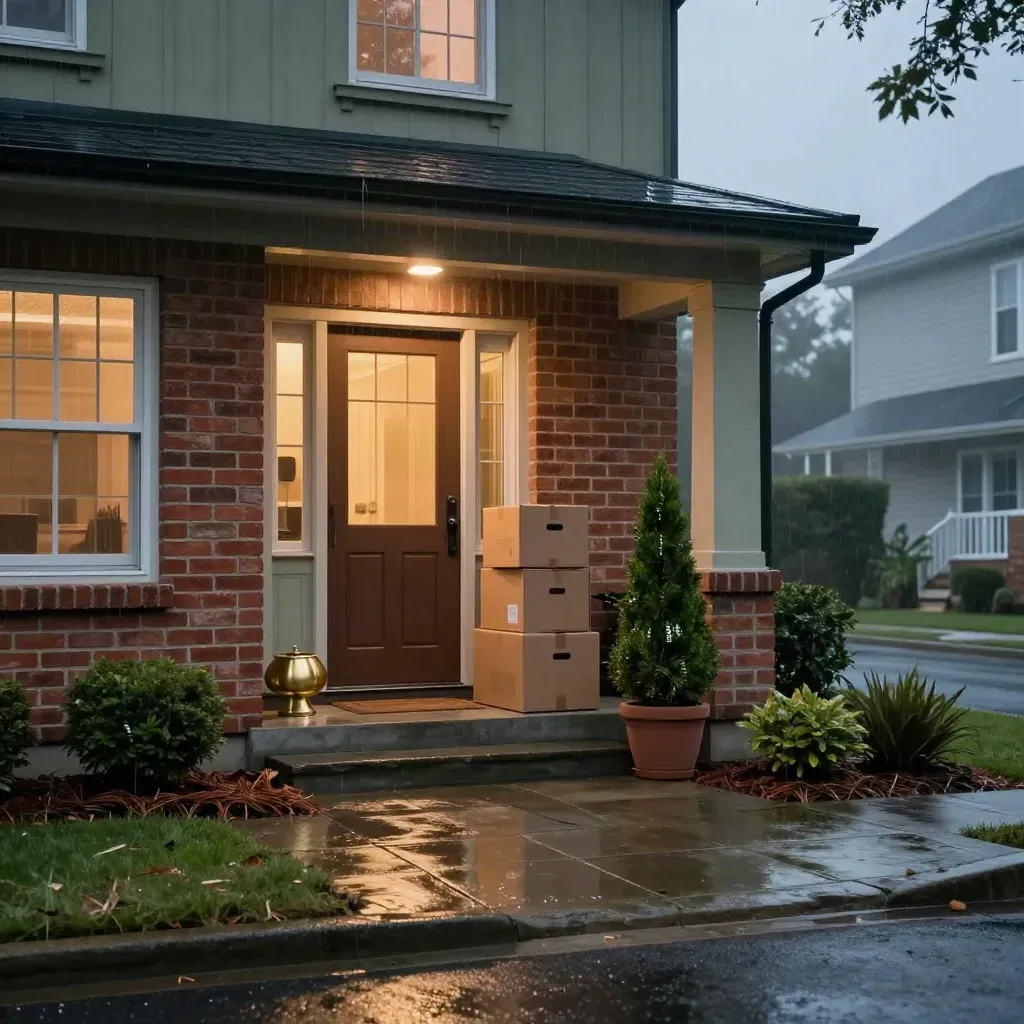 Rainy suburban home entry with moving boxes, brass key bowl, and glowing windows.