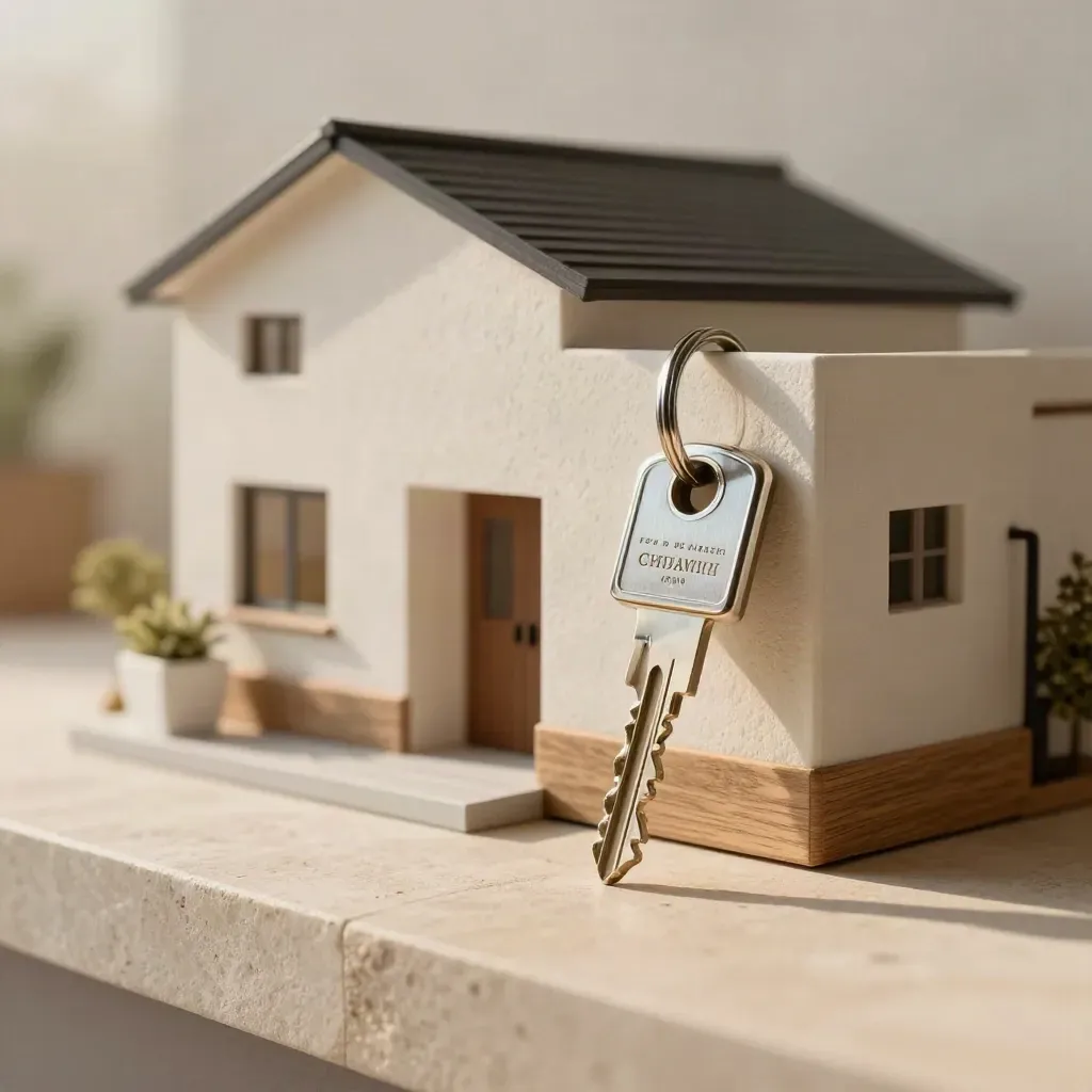 Townhouse keys beside a duplex model on a stone sill in soft morning light