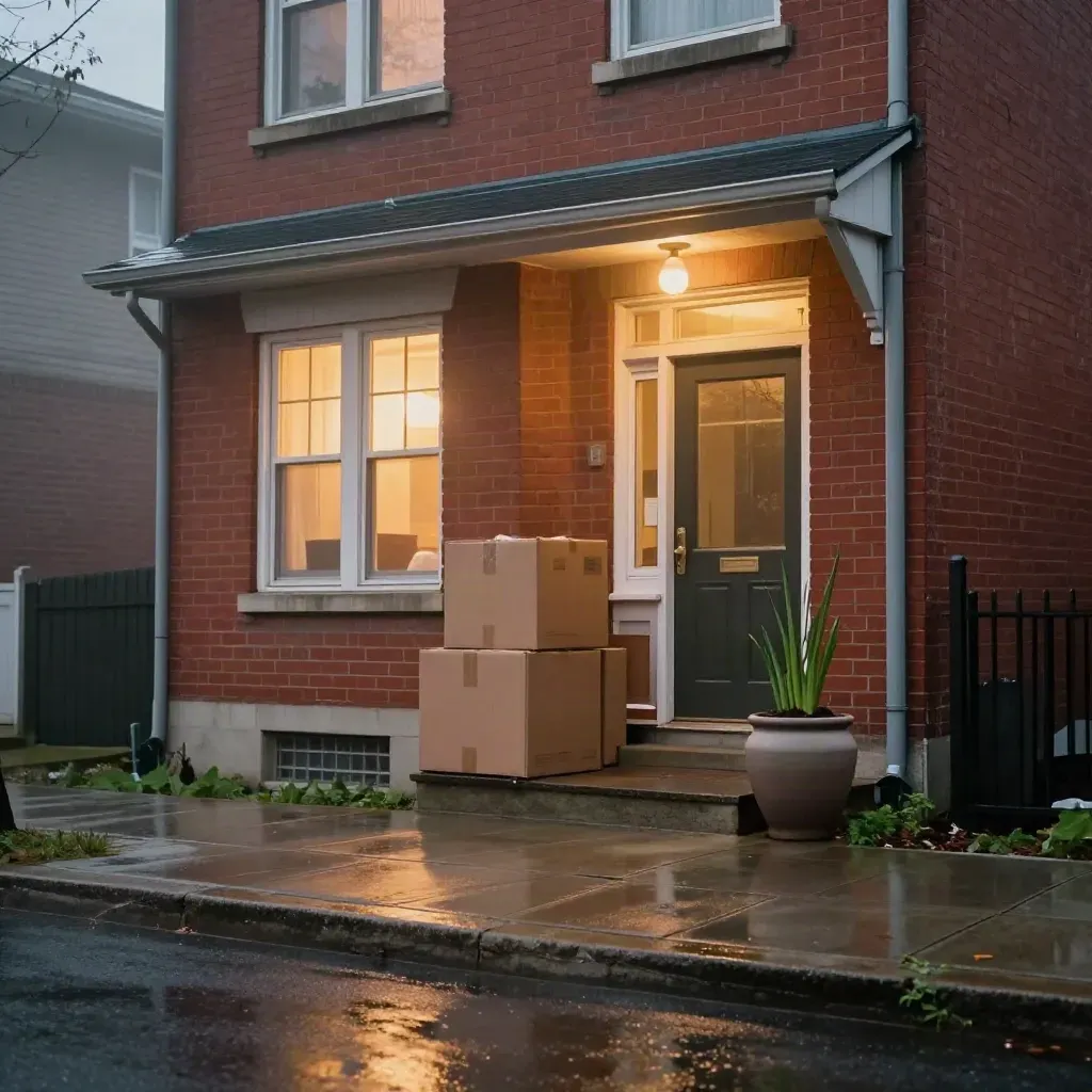 Mississauga brick townhouse glowing at dusk with moving boxes and a planter on the stoop.