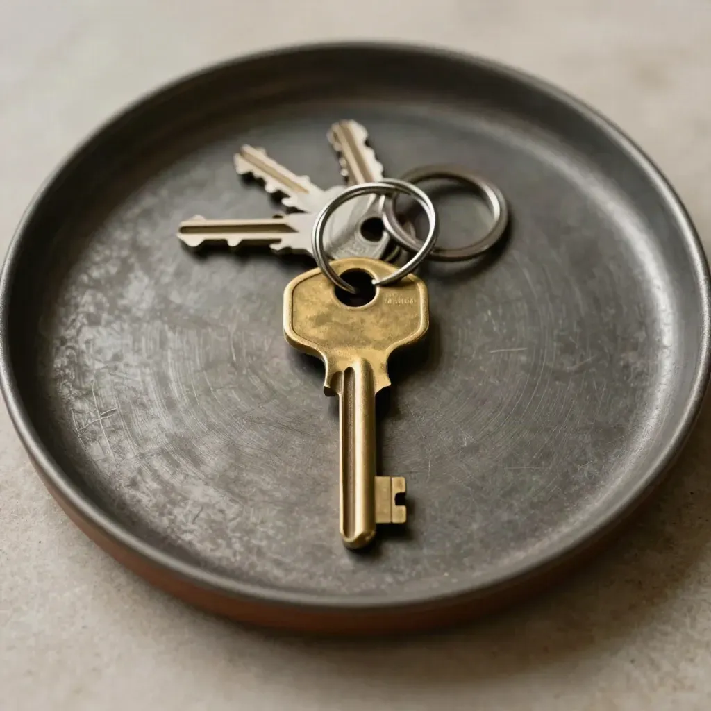 Brass key in charcoal tray with four smaller rings behind, overhead.