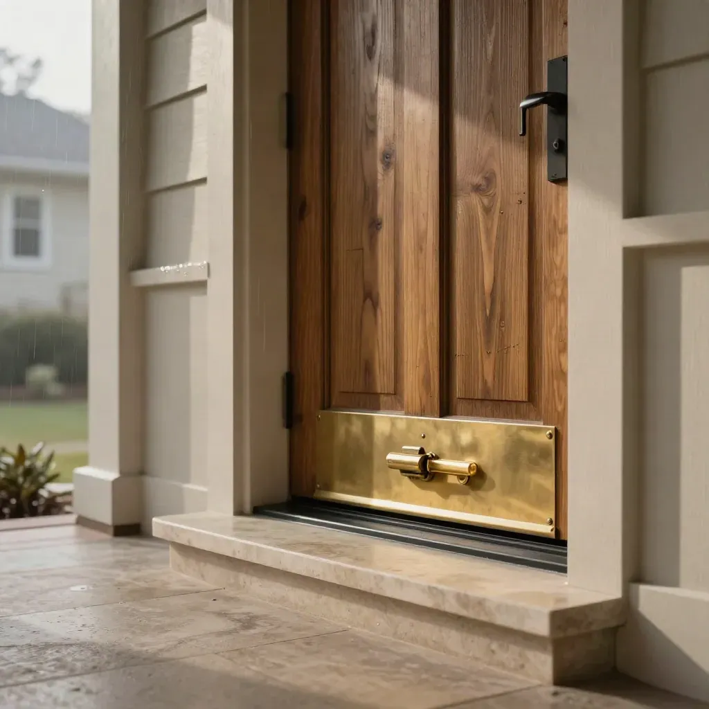 Rain-sealed front door with brass latch and clean threshold in a premium home entry.