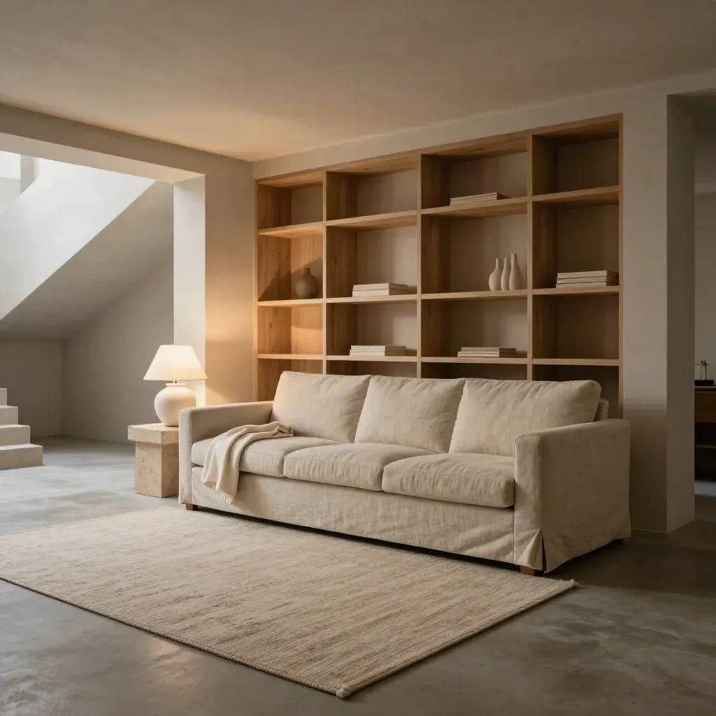 Renovated basement family room with oak shelving, oatmeal sofa, and warm dusk light