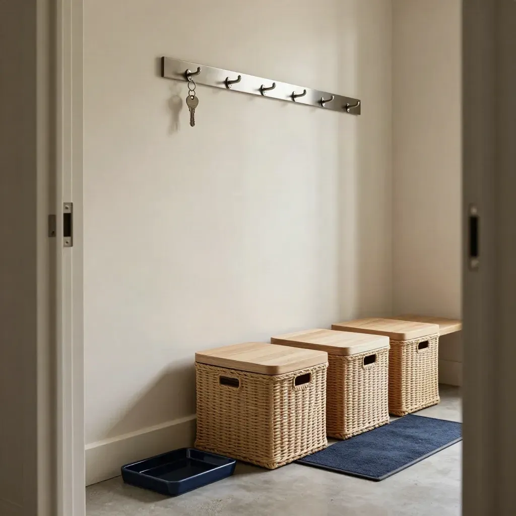 A simplified mudroom with a key hook, mail tray, and woven baskets in soft daylight