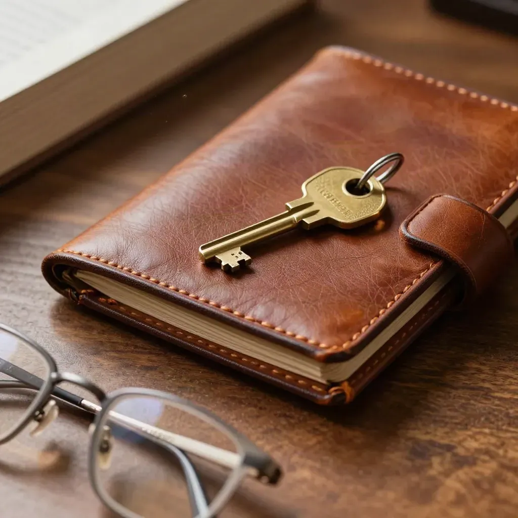 Brass key, leather portfolio, and reading glasses on a walnut desk in macro detail.