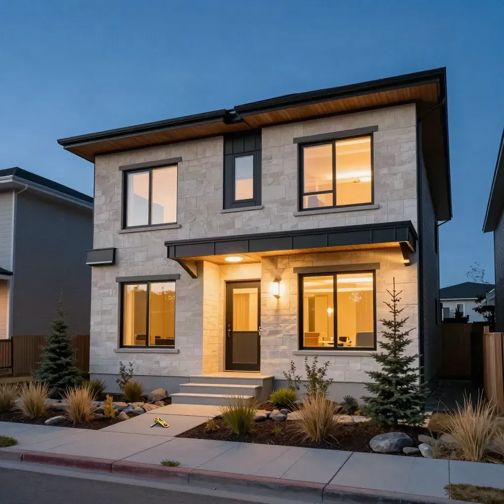 Modern Calgary rental home at blue hour with lit windows, fresh landscaping, and a key on the porch.