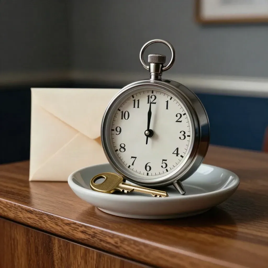 Macro still life of a clock, house key and sealed envelope on a walnut surface.