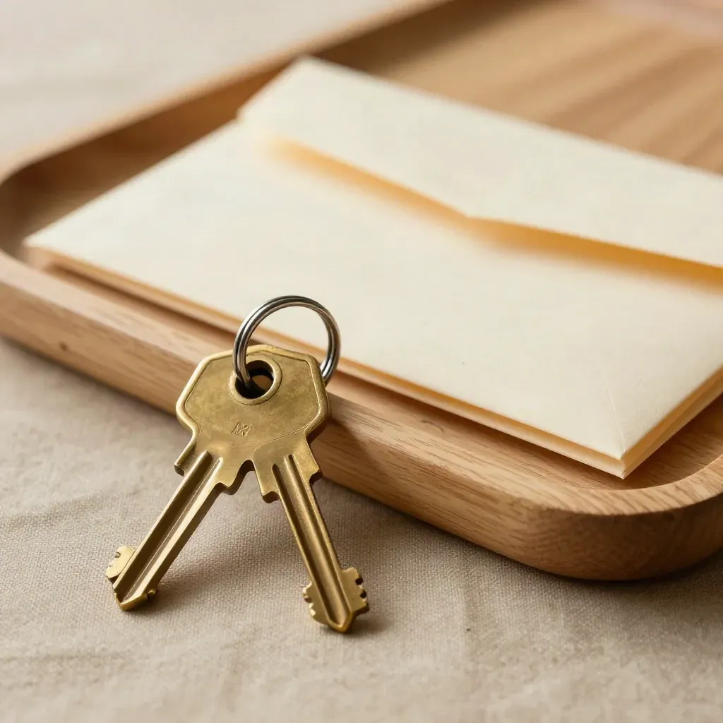 Brass keys beside closed envelopes on a pale wood tray in a closeup still life.