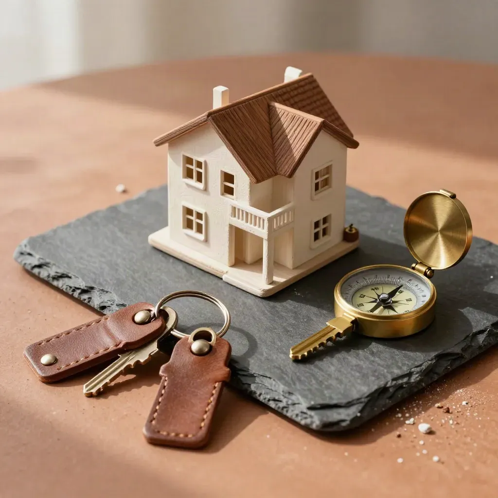 Miniature duplex, brass key rings, and slate compass on terracotta clay.