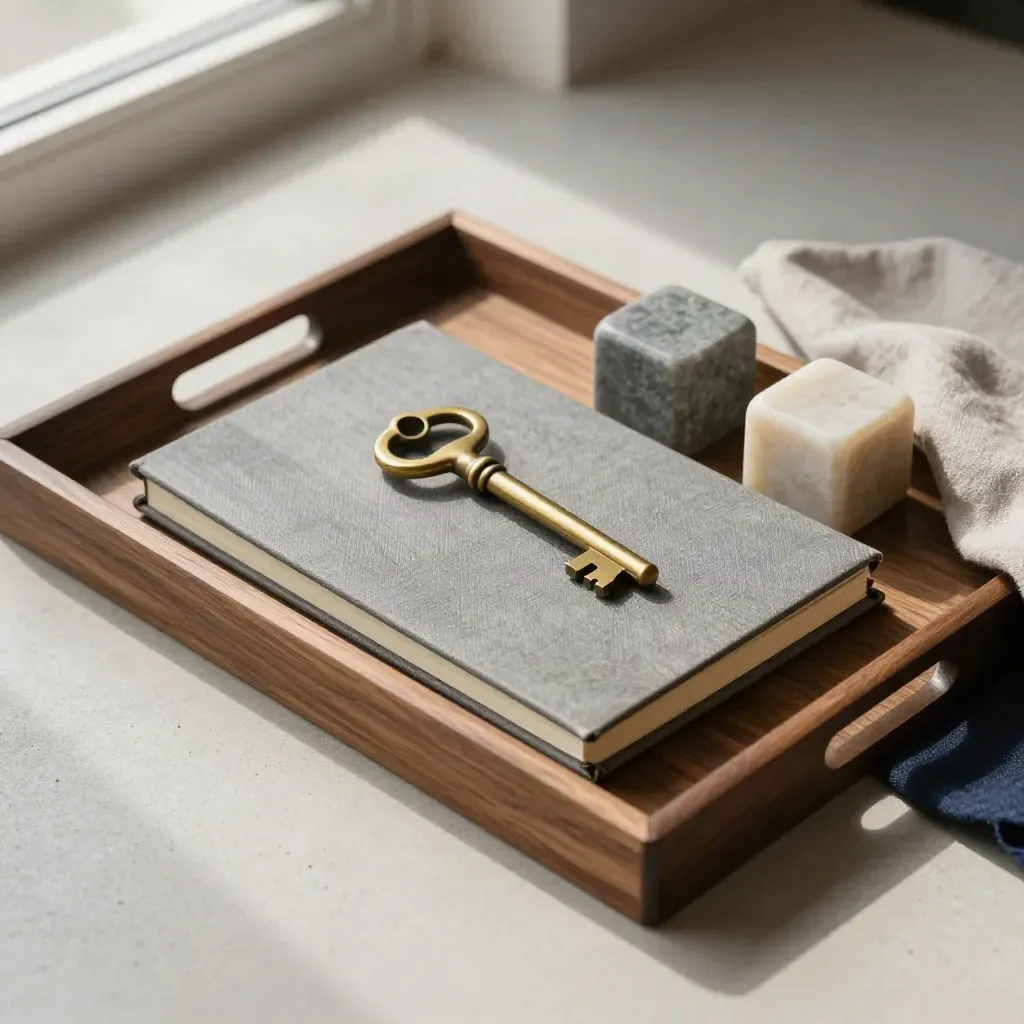 Walnut tray with notebook, brass key and stone weights on a pale concrete surface