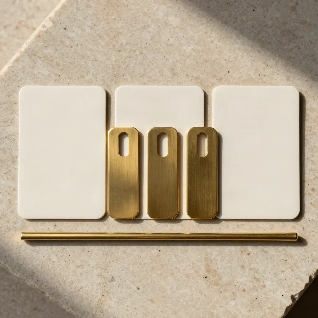 Overhead flatlay of ceramic cards, brass key blanks, and divider bar on warm limestone.
