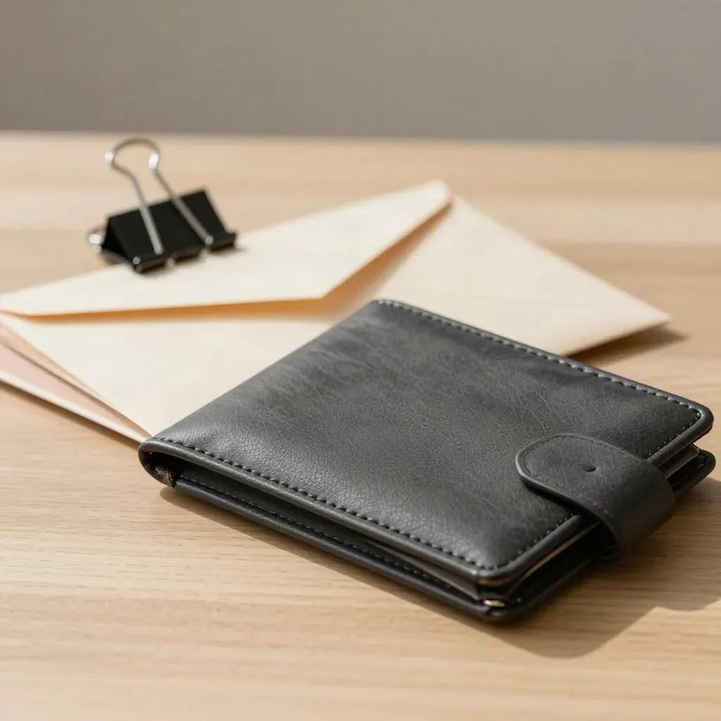 Charcoal file wallet with envelopes and binder clip on pale oak desk, softly lit.
