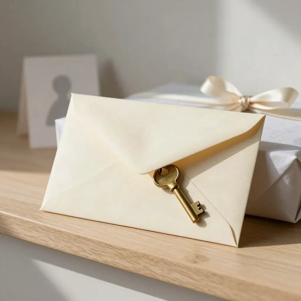 Sealed envelope, house key, and ribbon-tied closing bundle on a light oak ledge.