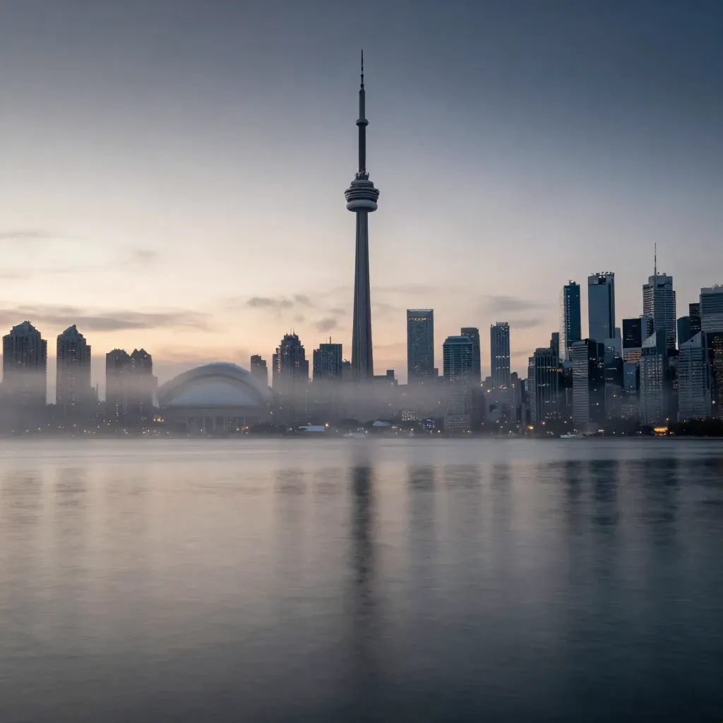 Toronto skyline with CN Tower over calm lake haze at blue hour, lights starting to glow