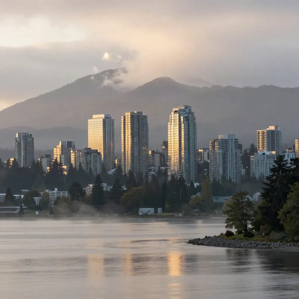 Metro Vancouver skyline and North Shore mountains in sunrise mist over calm water