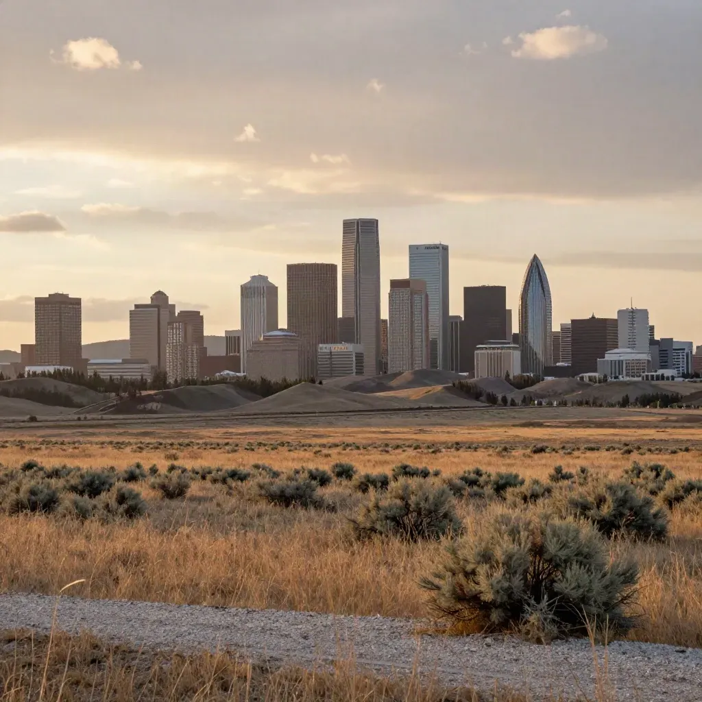 Calgary skyline above prairie under warm chinook clouds, wide hazy landscape for mortgage services.