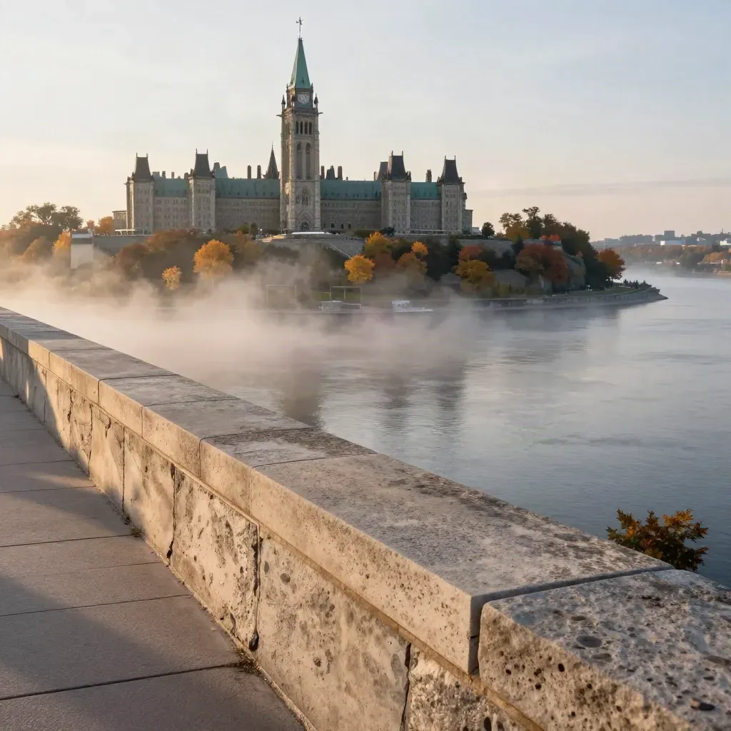Parliament Hill above the Ottawa River in dawn mist, with autumn trees and a limestone bluff.